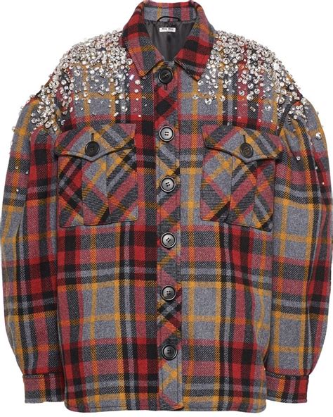 miu miu embellished plaid coat